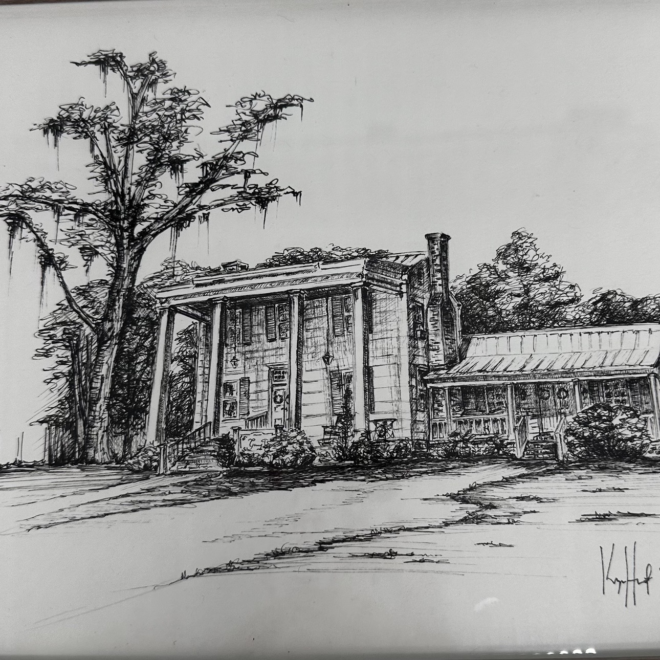 Gaines Ridge kaylene brooks, Gaines Ridge Dinner Club, pen and ink, black and white drawing, Camden, haunted plantation home