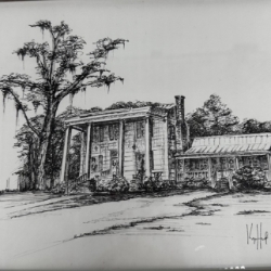 Gaines Ridge kaylene brooks, Gaines Ridge Dinner Club, pen and ink, black and white drawing, Camden, haunted plantation home