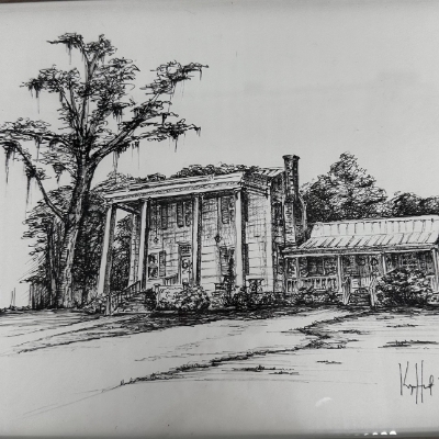 Gaines Ridge kaylene brooks, Gaines Ridge Dinner Club, pen and ink, black and white drawing, Camden, haunted plantation home