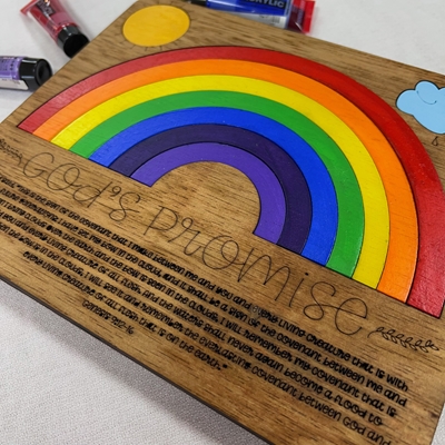 God's Promise Puzzle Sher Gates, puzzle, hand painted, wood work, children's activity, rainbow, wood, scripture, toy