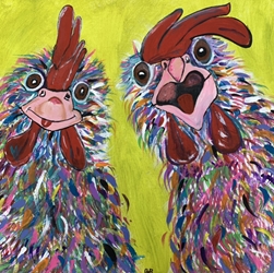 Gossiping Ganders  bonnie reid, painting, acrylic, chickens, hens,
