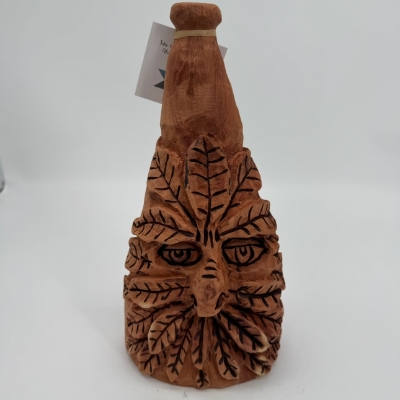 Green Man Bottle  Randall Bruhn, wood, cedar, face, leave, green man, brown, green man bottle