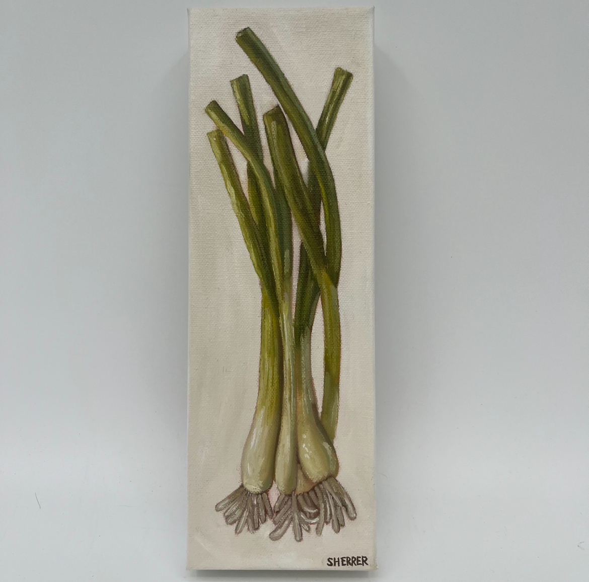 Green Onions- 4x12 Oil on Gallery Wrap Canvas caroline sherrer, green onions, 4x12 rectangle painting, oil paints, oil painting, gallery wrap canvas, food, vegetables, veggies