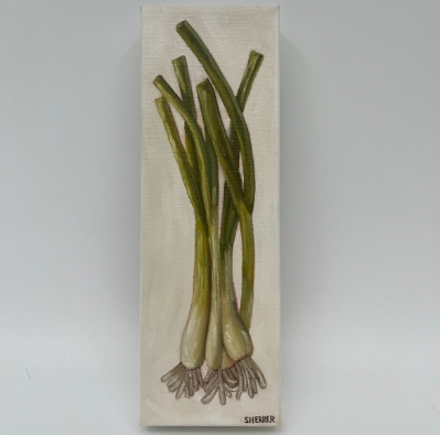 Green Onions- 4x12 Oil on Gallery Wrap Canvas caroline sherrer, green onions, 4x12 rectangle painting, oil paints, oil painting, gallery wrap canvas, food, vegetables, veggies