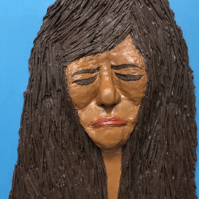 Grief Mask rita williams, mixed media painting, canvas painting, black belt, black belt paintings,