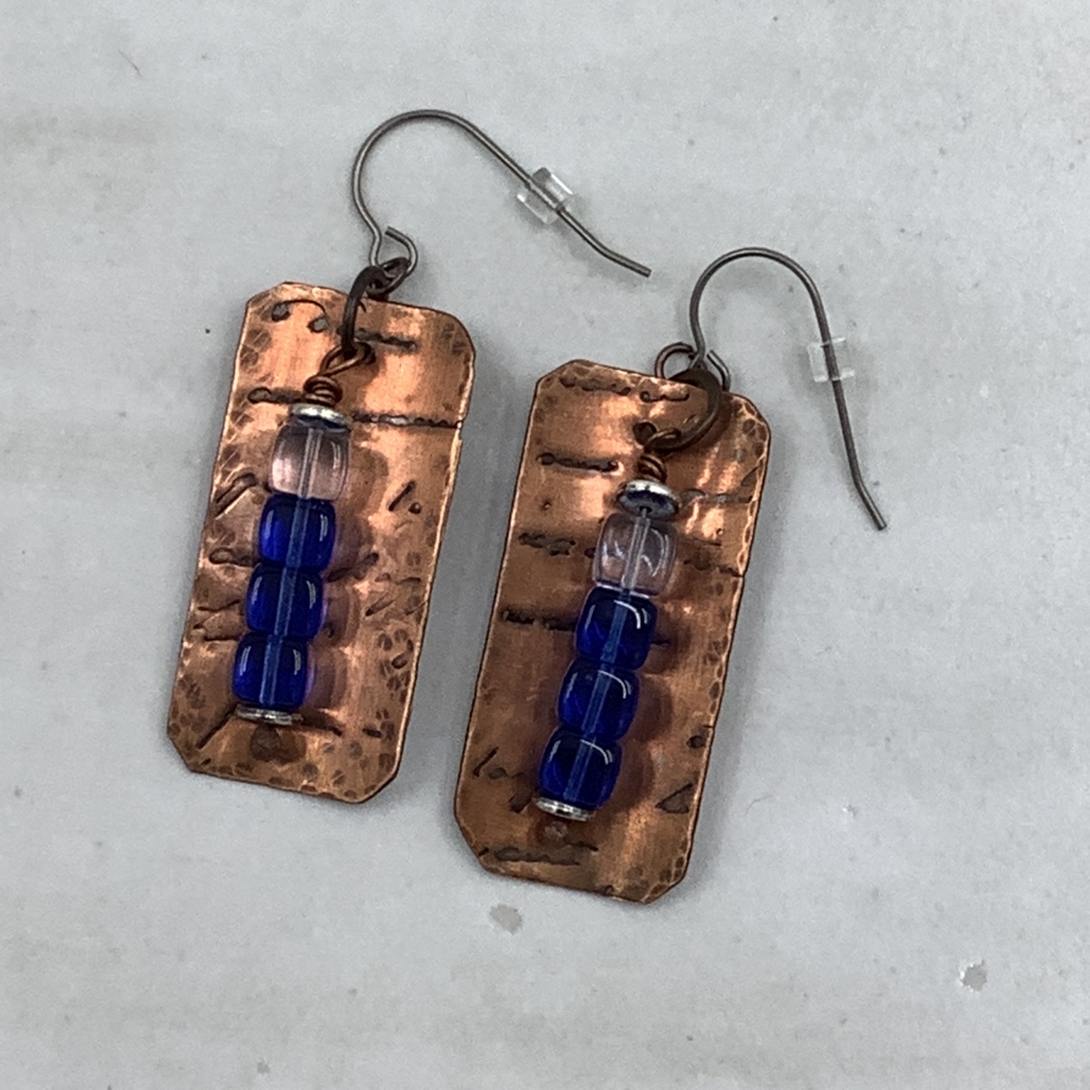 Hammered Copper Earrings elizabeth taylor, hammered copper earrings, green beads, leaf shape, jewelry, accessories