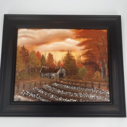 Harvest Time (Oil) sherry barnes, harvest time, sunset, orange, barn, field, cotton, oil painting, raised details