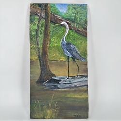 Heron in Swamp Mary Croley, alcohol ink on tile on mounted copper, heron in swamp, 