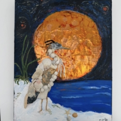 Heron on Beach Mary Croley, heron,  beach, shells, bird, textured, painting, brown, blue, copper, tin