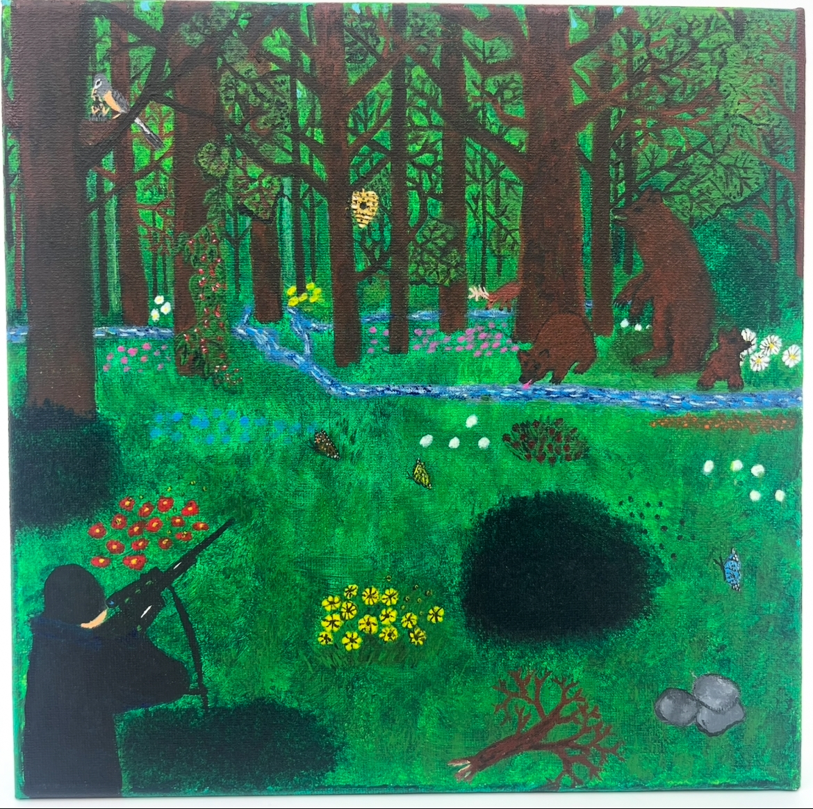 Hunting Season- 10"x10" jaytilya watkins, hunting season, 10 inch square painting, nature, hunter, bears, wildlife, greenery, forrest, forest, woods, trees