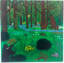 Hunting Season- 10"x10" jaytilya watkins, hunting season, 10 inch square painting, nature, hunter, bears, wildlife, greenery, forrest, forest, woods, trees