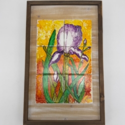 Iris Mary Croley, purple iris flower, tile, wood frame, alcahol ink