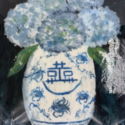 LHeure blue Angela, Fernandez, white, textured, blue, hydrangeas, jar, resin