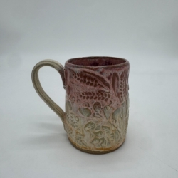 Large Carved Mug Mary Jane Moore, mug, light green, flowers, carved, pattern 