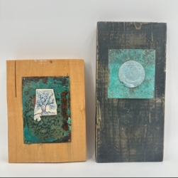 Large Clay Carving on Copper and Wood kristin law, clay carving, pottery, black belt, rural alabama pottery, clay on wood, copper, 