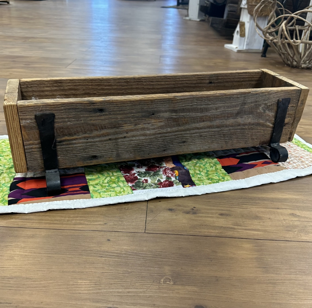 Large Wood & Metal Forged Box Carl Jackson, woodwork, reclaimed tray, metal forged meat fork, large dinner bell, wooden and metal box, 