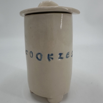 Lidded Cookie Jar with Lady Fingers  tanya, dunnam, cream, light blue, cookies, pottery, lidded, jar