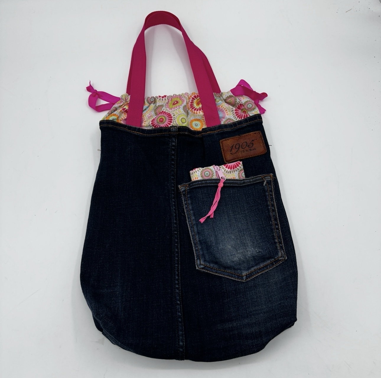 Medium Drawstring Tote Bag lisa fields, medium drawstring tote bag, denim, colorful, recycled fabric