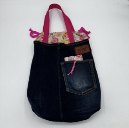 Medium Drawstring Tote Bag lisa fields, medium drawstring tote bag, denim, colorful, recycled fabric