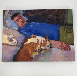 Nap with Pups - Oil & Pastel on Canvas nap with pups, oil and pastel on canvas, wendy slaton, painting, man sleeping next to dogs