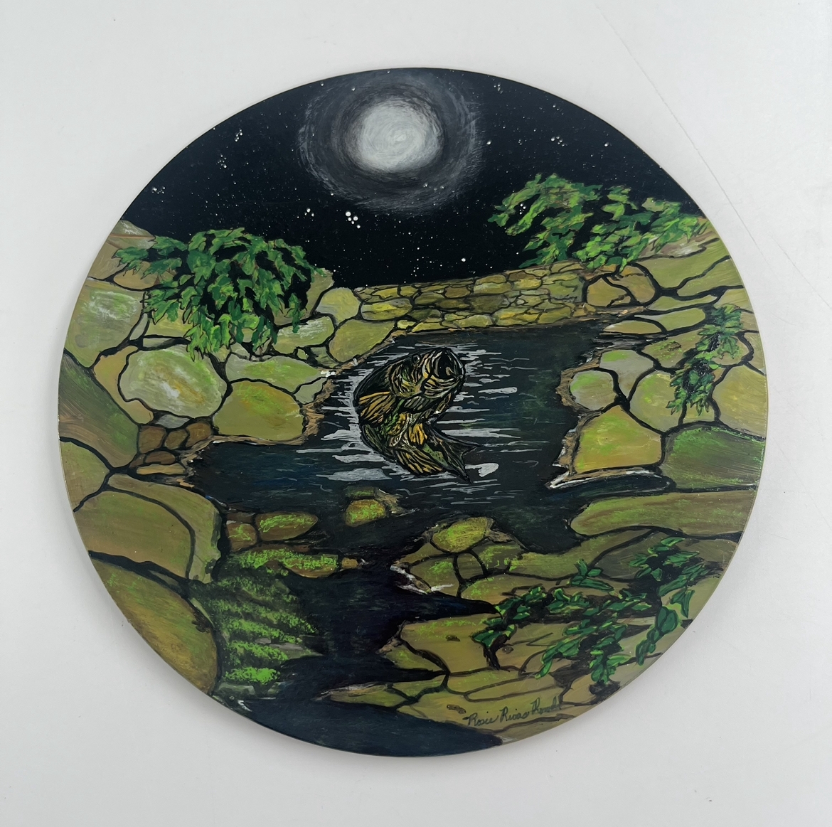 Nights Luck rosie rowell, nights luck, fish, glass art, painting on glass, nature, river, fishing