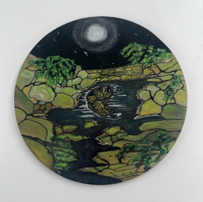 Nights Luck rosie rowell, nights luck, fish, glass art, painting on glass, nature, river, fishing