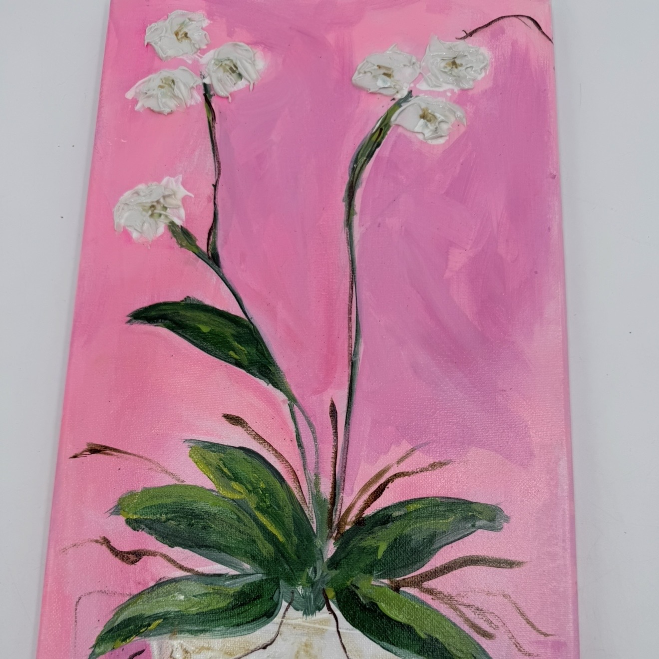 Orchid with pink background Angela, fernandez, white, texted, gold, pink, orchid, pot