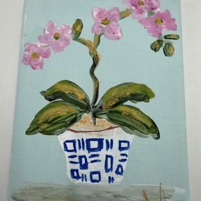 Orchids with blue and white vase Angela, Fernandez, canvas, orchid, pink, light blue, flower