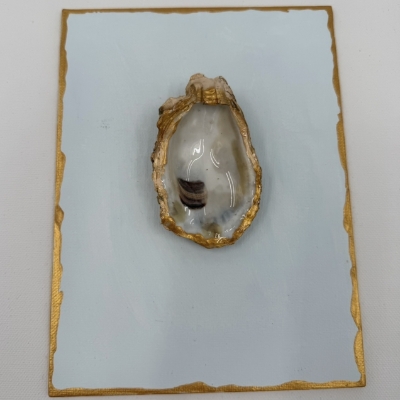 Oyster Canvas outlined in Aqua and gold Angela, Fernandez, canvas, gold, aqua, wall art, oyster