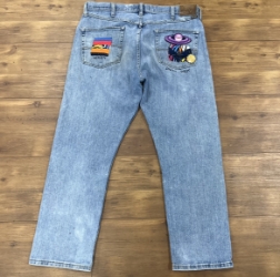 Patchwork Pant john warner, patchwork pant, patched jeans, stitched, upcycled, clothes, clothing, wearable art