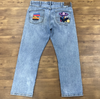Patchwork Pant john warner, patchwork pant, patched jeans, stitched, upcycled, clothes, clothing, wearable art