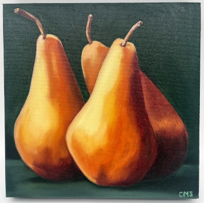 Pears- 10x10 Oil on Gallery Wrap Canvas caroline sherrer, pears, gold, golden pears, fruit, dark green, gallery wrap canvas