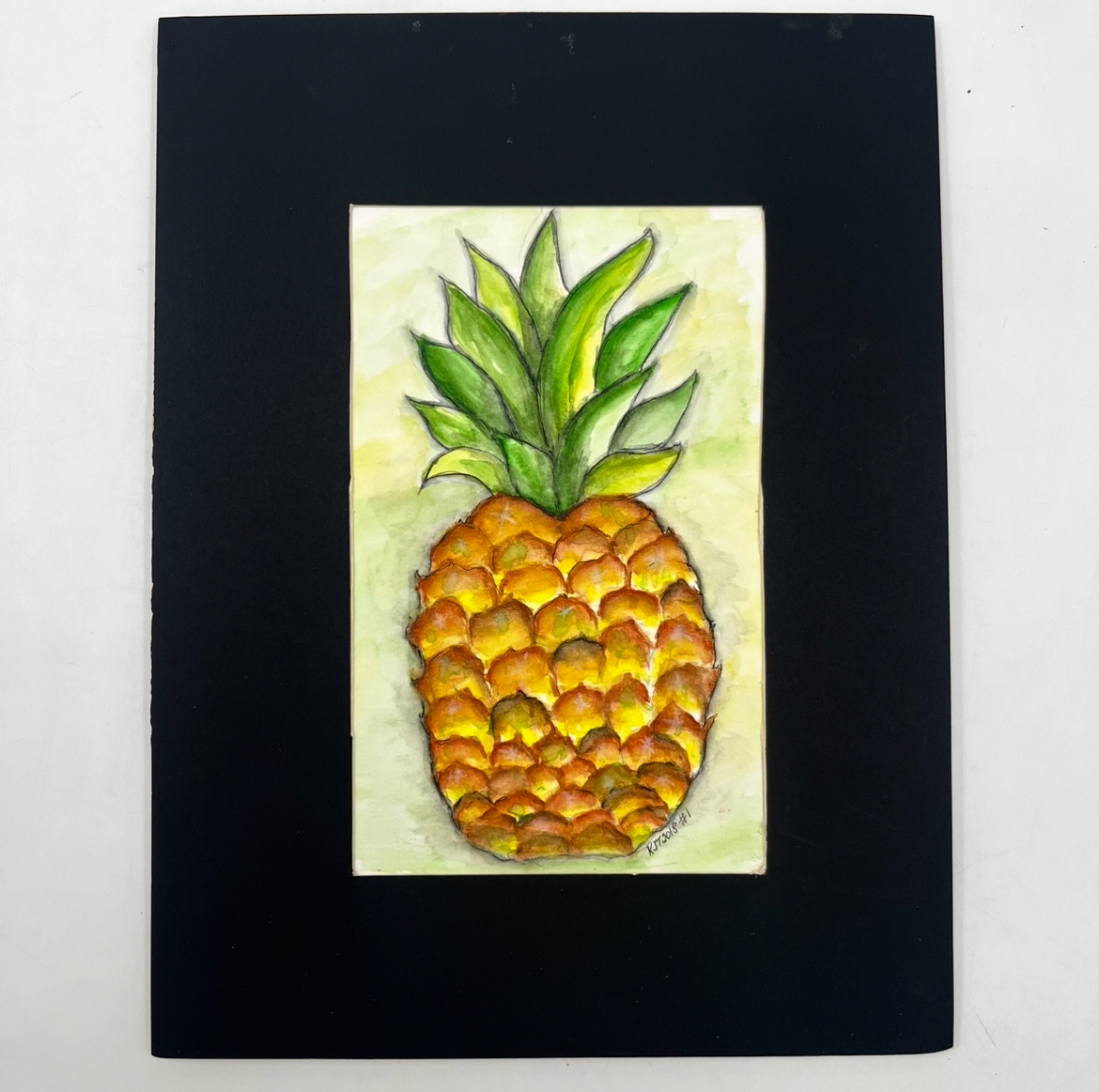 Pineapple Watercolor 12x9 kathy, kathy jones, jones, watercolor, water color and pen and ink, pen, mixed media, pineapple, fruit