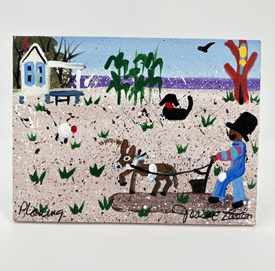 Plowing jessie lavon, folk art, 6x10, acrylic folk art, plowing, 