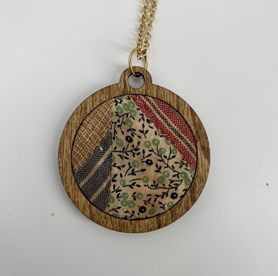 Quilt Pendant sher gates, quilt pendant, necklace, wood and fabric 
