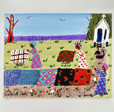 Quilt Sale jessie lavon, folk art, quilt sale painting, acrylic painting of quilts, 