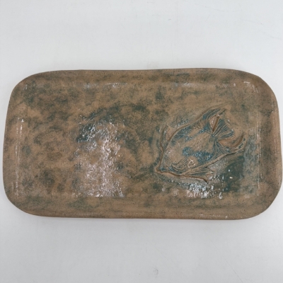 13" Green Fish Platter tanya, Dunnam, fish, teal, tan, platter, green, pottery, clay