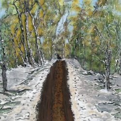 Red Dirt and White Wonder Rosie Rowell, painting, wall art, nature, snow, trees, dirt road, green, white