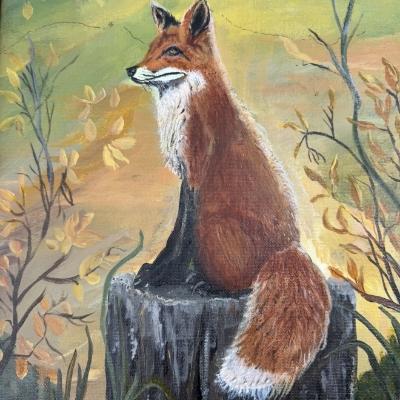 Resting Up Framed  Sue Mims, Montgomery county, red fox, field, painting, acrylic, nature, tree trunk, green, yellow 