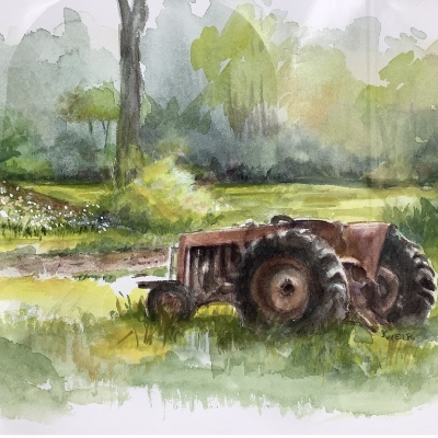 Retired  karen, karen weir, weir, painting, paint, watercolors, framed, framed painting, retired, tractor