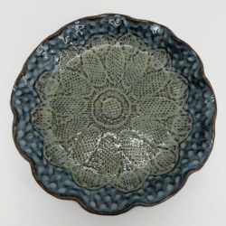 Ruffled Lace Bowl  carol lammon, bowl, pottery, ceramic, clay, platter, blue, green, ruffled, lace 