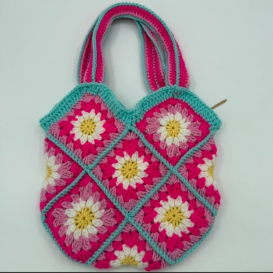 Small Flower Granny Square Purse dawn wood, small flower granny square purse, pink, yellow, white, blue, flower, crochet, bag