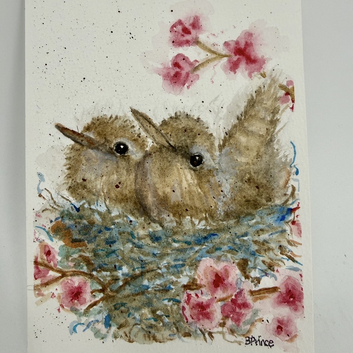 Sparrows- Original Watercolor betsy prince, medium original watercolor, sparrow, sparrows, birds, baby birds, bird nest, pink flowers, matthew 10:31