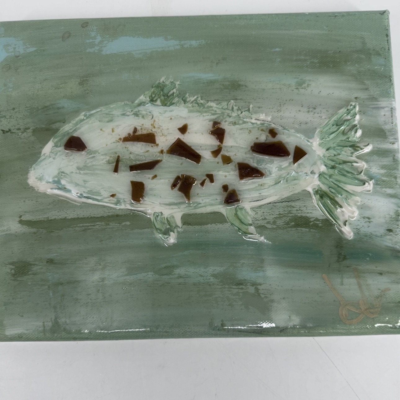 Speckled Fish Angela, fernandez, glass, textured, fish,  green