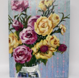 Stripes and Roses Sharon Dozier, Acrylic painting, Roses, Yellow, Pink, Wall Art, Stripes and Roses, Mixed Media