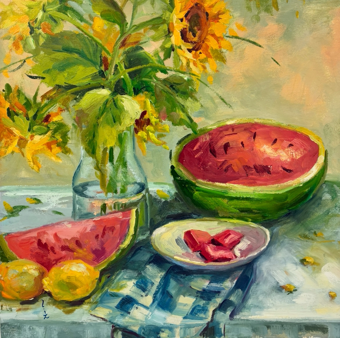 Summer Time elizabeth reid, oil painting, summer time, watermelon, sunflowers, lemons, fruit