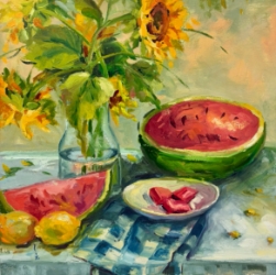 Summer Time elizabeth reid, oil painting, summer time, watermelon, sunflowers, lemons, fruit