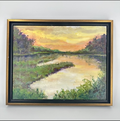 Sunset on Lake karen weir, sunset on lake, oil painting, black belt treasures, 