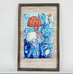Three Jellyfish Mary Croley, alcohol ink on tile on wood, three jellyfish, 