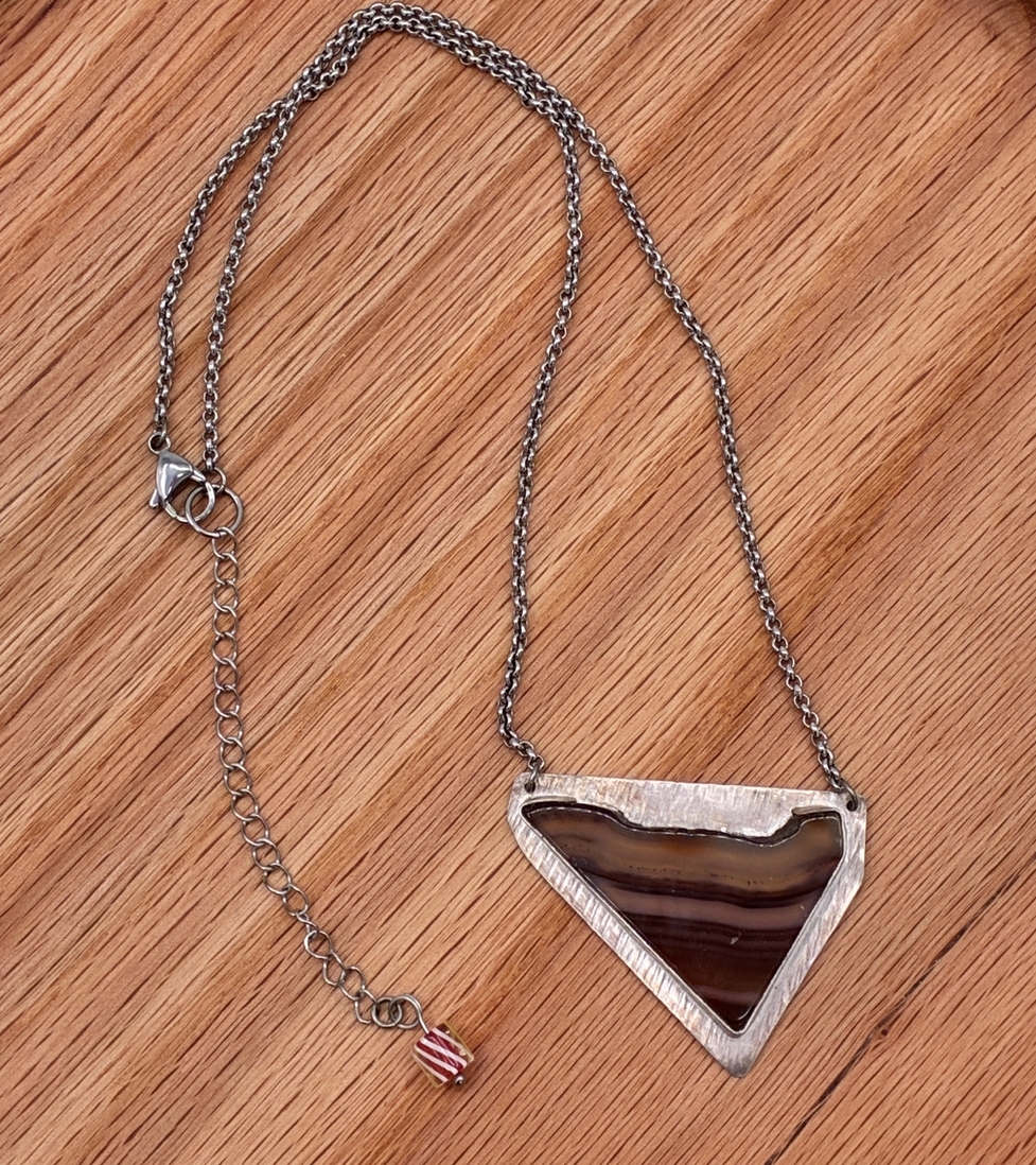 Triangle Agate Pendant Necklace  karen, lemler, karen lemler, brown, agate, brown agate, stainless steel, stainless steel necklace